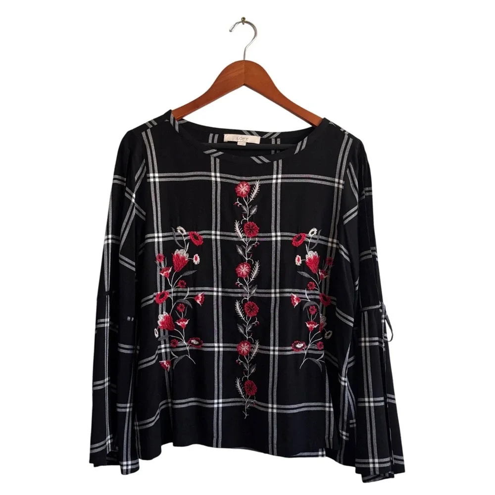 LOFT Black Plaid‎ Embroidered Bell Sleeve Blouse Top Women's Size Medium